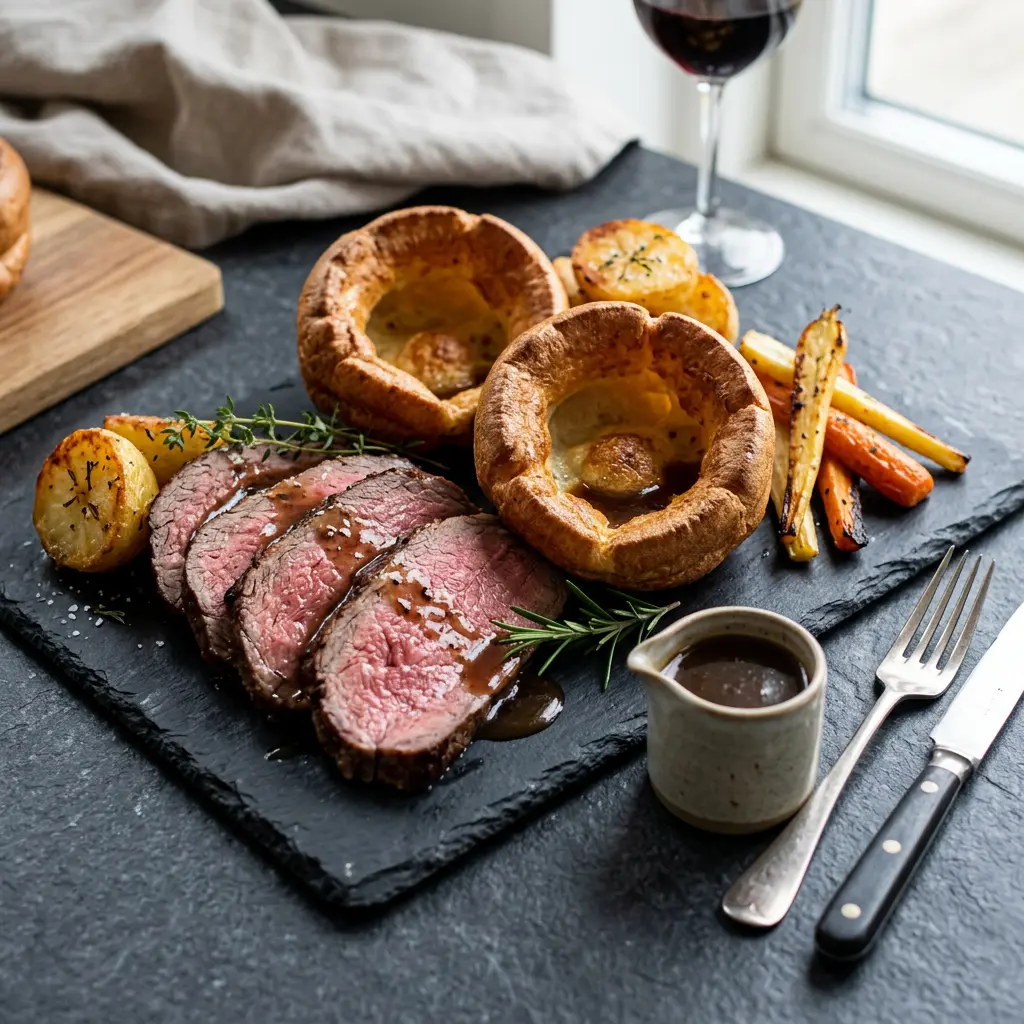 Photo of Roast beef with Yorkshire pudding ready to serve