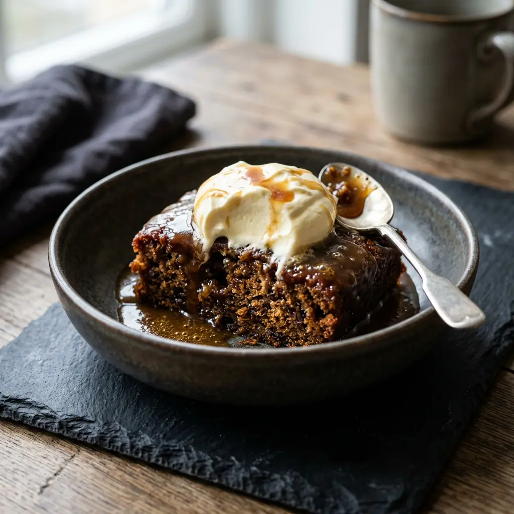Photo of Sticky toffee pudding ready to serve